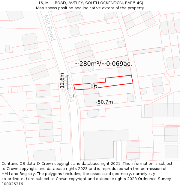 16, MILL ROAD, AVELEY, SOUTH OCKENDON, RM15 4SJ: Plot and title map