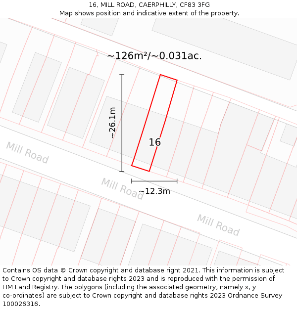 16, MILL ROAD, CAERPHILLY, CF83 3FG: Plot and title map