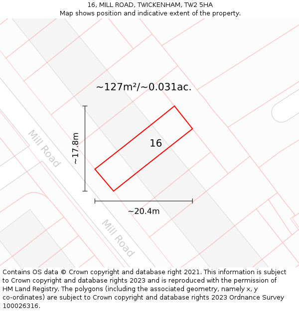 16, MILL ROAD, TWICKENHAM, TW2 5HA: Plot and title map