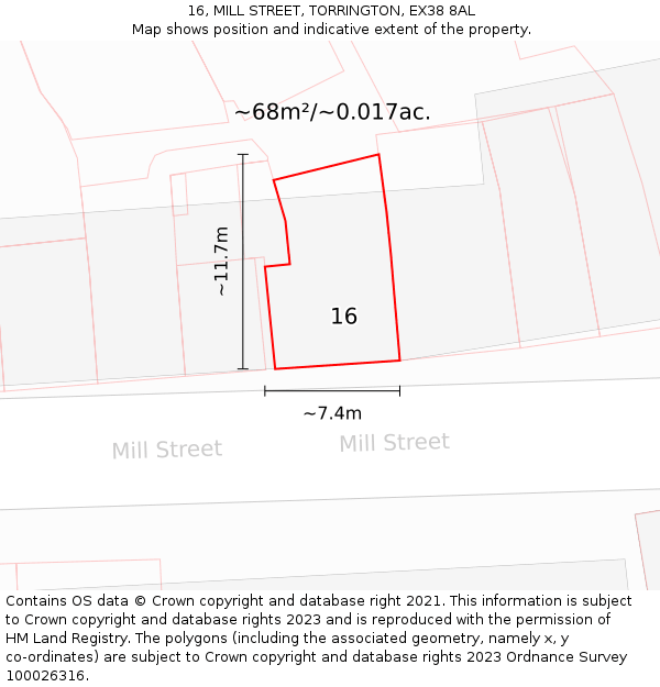16, MILL STREET, TORRINGTON, EX38 8AL: Plot and title map