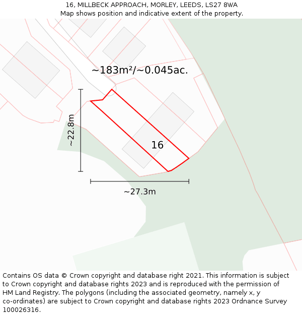 16, MILLBECK APPROACH, MORLEY, LEEDS, LS27 8WA: Plot and title map