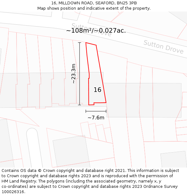 16, MILLDOWN ROAD, SEAFORD, BN25 3PB: Plot and title map