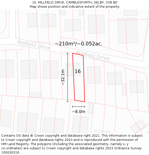 16, MILLFIELD DRIVE, CAMBLESFORTH, SELBY, YO8 8JY: Plot and title map