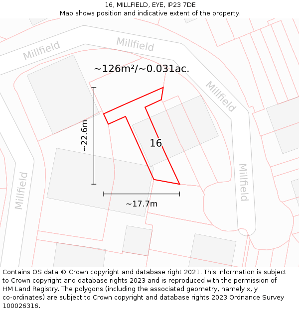 16, MILLFIELD, EYE, IP23 7DE: Plot and title map