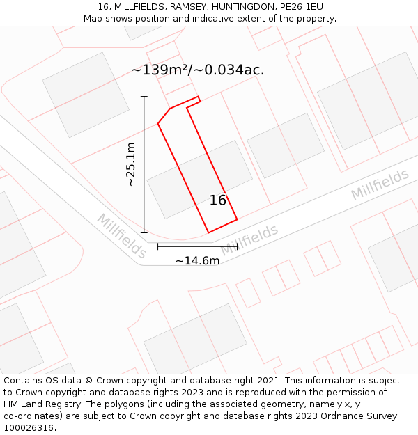 16, MILLFIELDS, RAMSEY, HUNTINGDON, PE26 1EU: Plot and title map