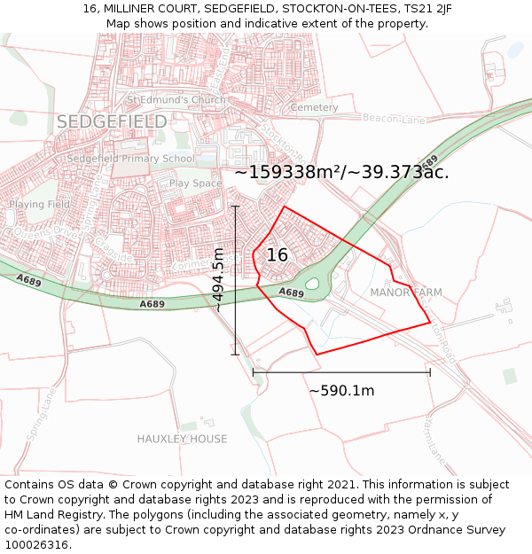 16, MILLINER COURT, SEDGEFIELD, STOCKTON-ON-TEES, TS21 2JF: Plot and title map