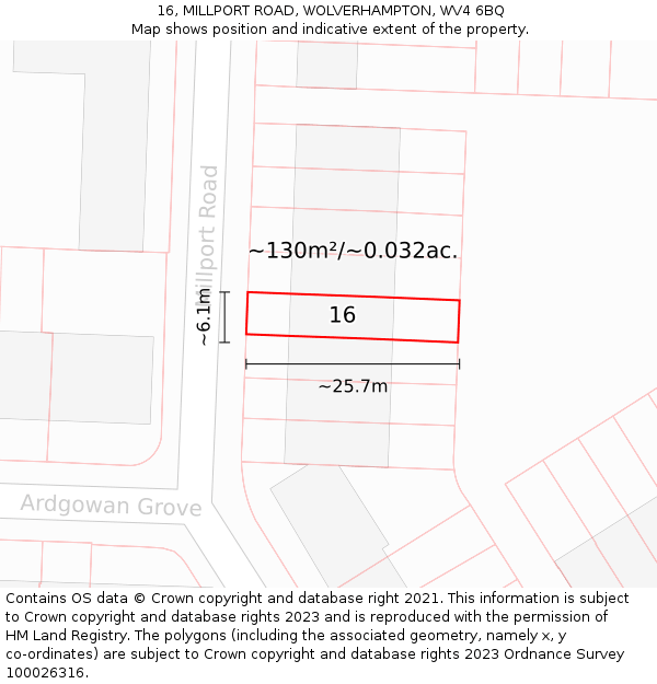16, MILLPORT ROAD, WOLVERHAMPTON, WV4 6BQ: Plot and title map