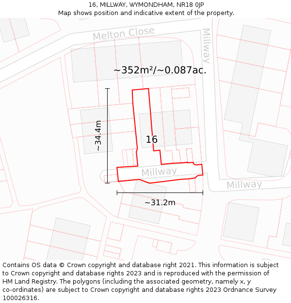 16, MILLWAY, WYMONDHAM, NR18 0JP: Plot and title map