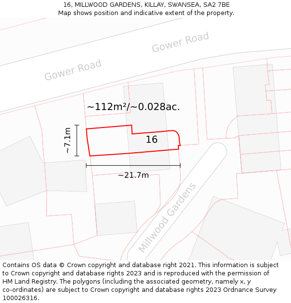 16, MILLWOOD GARDENS, KILLAY, SWANSEA, SA2 7BE: Plot and title map