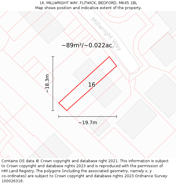 16, MILLWRIGHT WAY, FLITWICK, BEDFORD, MK45 1BL: Plot and title map