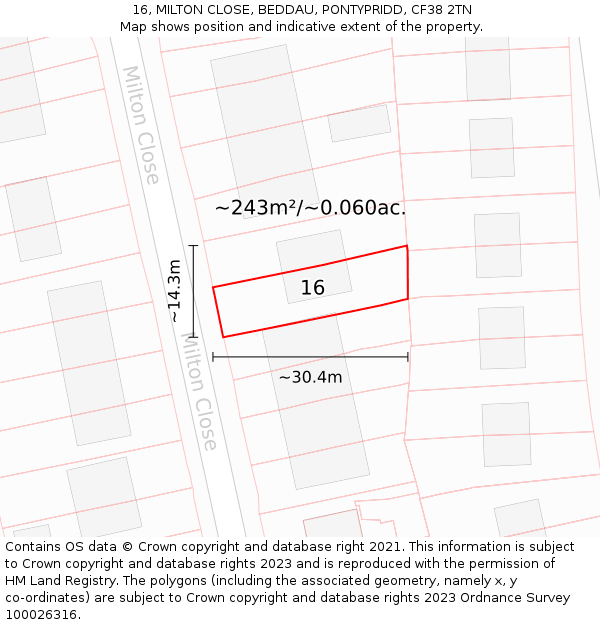 16, MILTON CLOSE, BEDDAU, PONTYPRIDD, CF38 2TN: Plot and title map