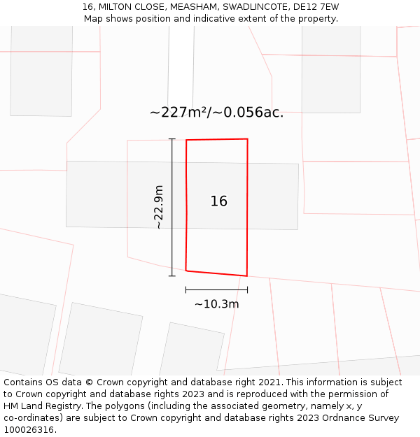 16, MILTON CLOSE, MEASHAM, SWADLINCOTE, DE12 7EW: Plot and title map