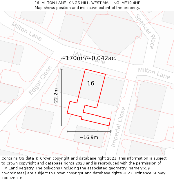 16, MILTON LANE, KINGS HILL, WEST MALLING, ME19 4HP: Plot and title map