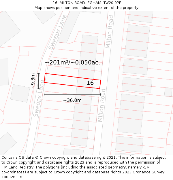 16, MILTON ROAD, EGHAM, TW20 9PF: Plot and title map