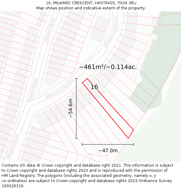 16, MILWARD CRESCENT, HASTINGS, TN34 3RU: Plot and title map