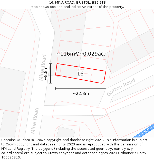 16, MINA ROAD, BRISTOL, BS2 9TB: Plot and title map