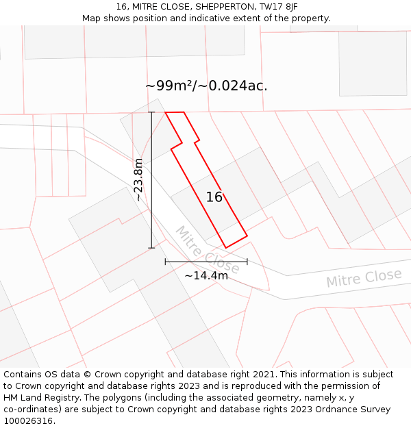 16, MITRE CLOSE, SHEPPERTON, TW17 8JF: Plot and title map