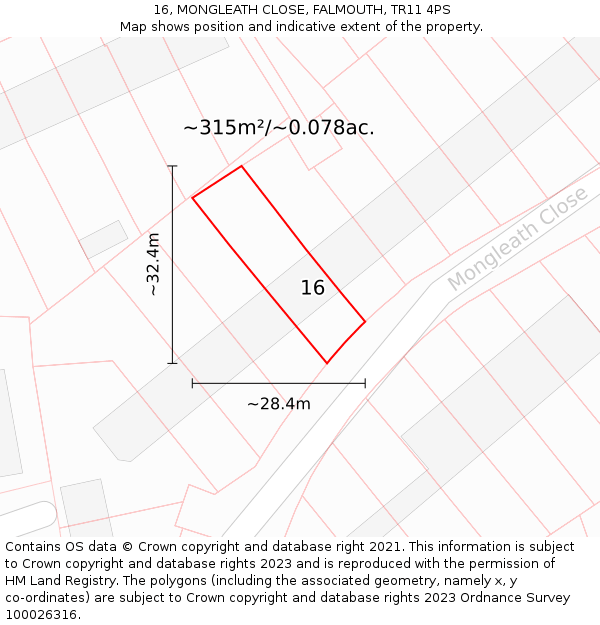 16, MONGLEATH CLOSE, FALMOUTH, TR11 4PS: Plot and title map