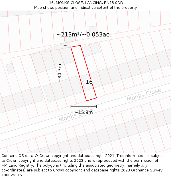 16, MONKS CLOSE, LANCING, BN15 9DD: Plot and title map