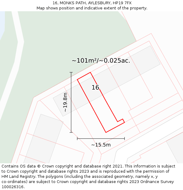 16, MONKS PATH, AYLESBURY, HP19 7FX: Plot and title map