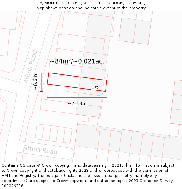 16, MONTROSE CLOSE, WHITEHILL, BORDON, GU35 9RQ: Plot and title map