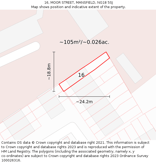 16, MOOR STREET, MANSFIELD, NG18 5SJ: Plot and title map
