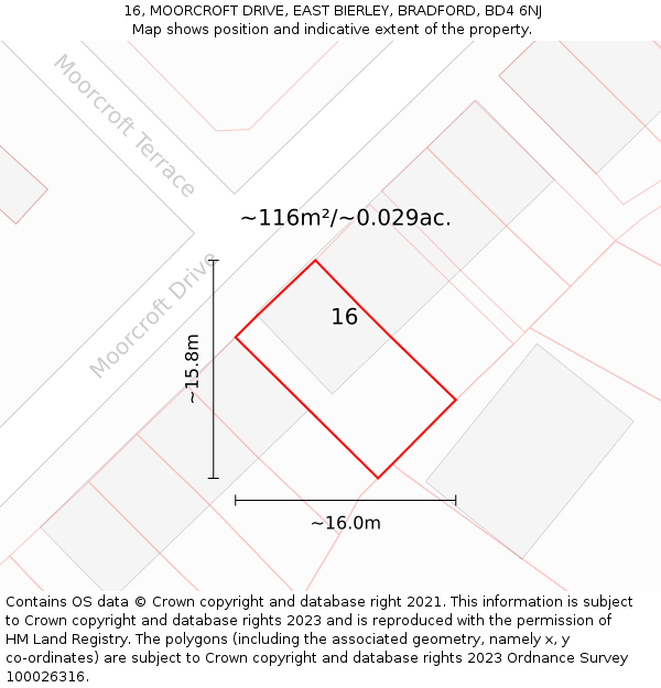 16, MOORCROFT DRIVE, EAST BIERLEY, BRADFORD, BD4 6NJ: Plot and title map