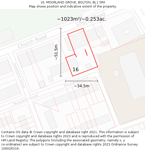 16, MOORLAND GROVE, BOLTON, BL1 5RX: Plot and title map