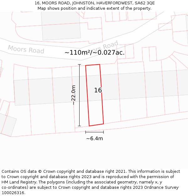 16, MOORS ROAD, JOHNSTON, HAVERFORDWEST, SA62 3QE: Plot and title map