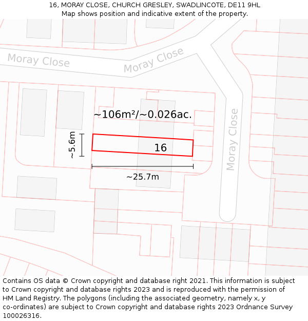16, MORAY CLOSE, CHURCH GRESLEY, SWADLINCOTE, DE11 9HL: Plot and title map