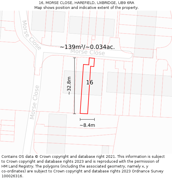16, MORSE CLOSE, HAREFIELD, UXBRIDGE, UB9 6RA: Plot and title map