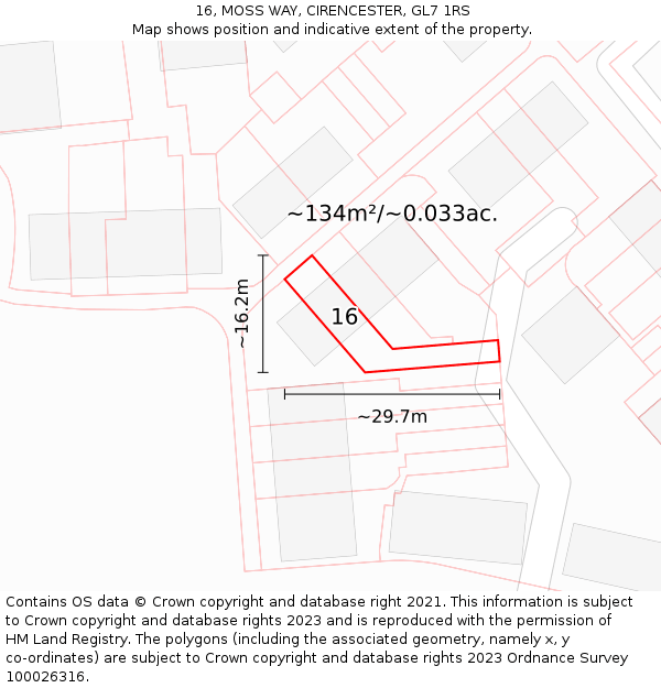 16, MOSS WAY, CIRENCESTER, GL7 1RS: Plot and title map
