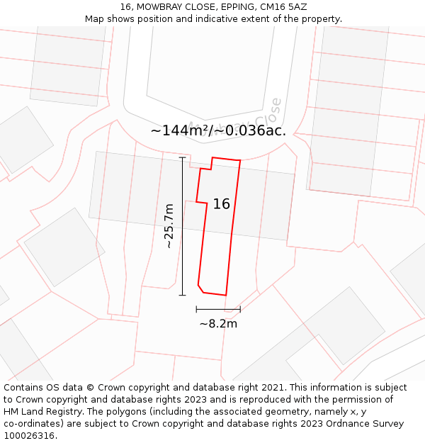 16, MOWBRAY CLOSE, EPPING, CM16 5AZ: Plot and title map