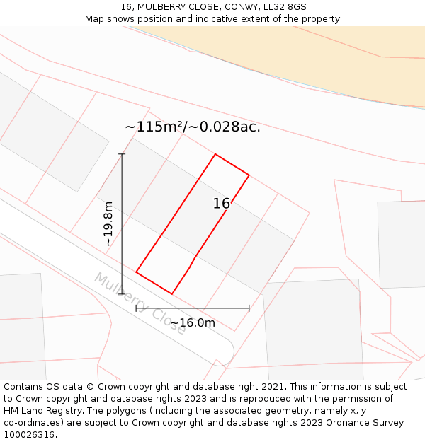 16, MULBERRY CLOSE, CONWY, LL32 8GS: Plot and title map