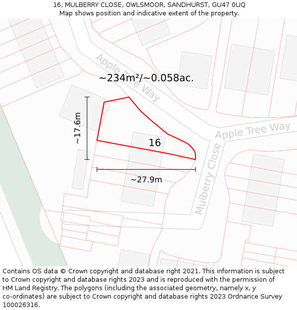 16, MULBERRY CLOSE, OWLSMOOR, SANDHURST, GU47 0UQ: Plot and title map
