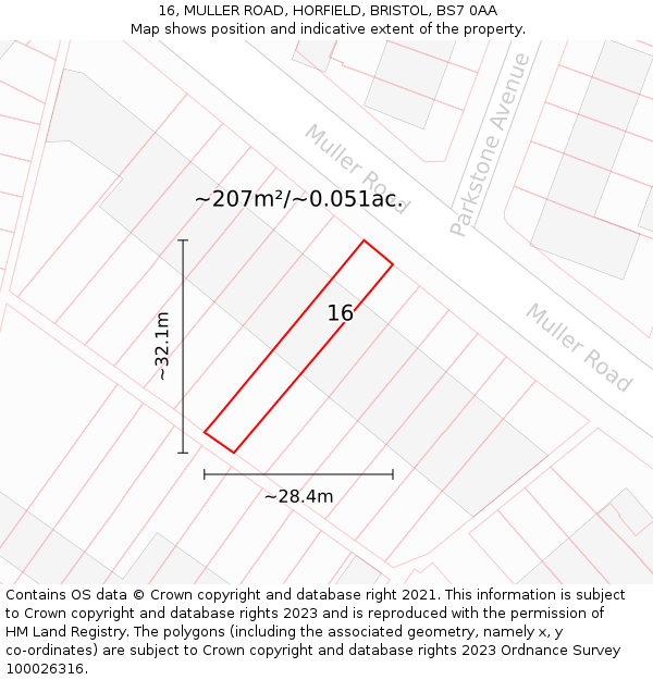 16, MULLER ROAD, HORFIELD, BRISTOL, BS7 0AA: Plot and title map
