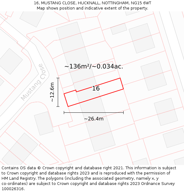 16, MUSTANG CLOSE, HUCKNALL, NOTTINGHAM, NG15 6WT: Plot and title map