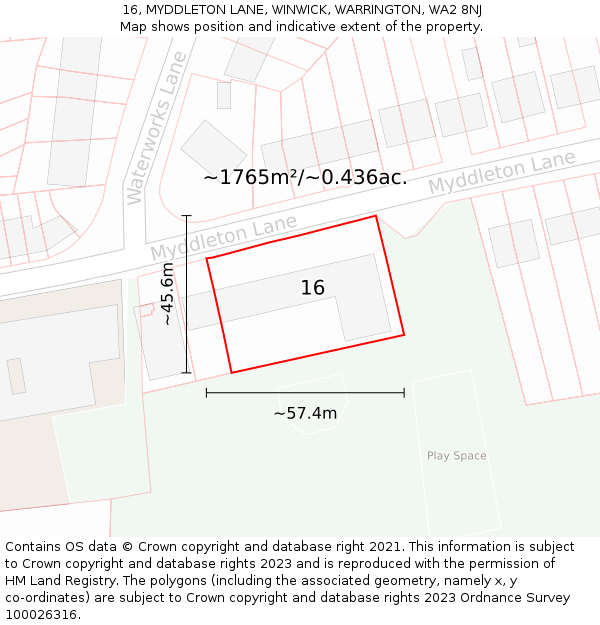 16, MYDDLETON LANE, WINWICK, WARRINGTON, WA2 8NJ: Plot and title map