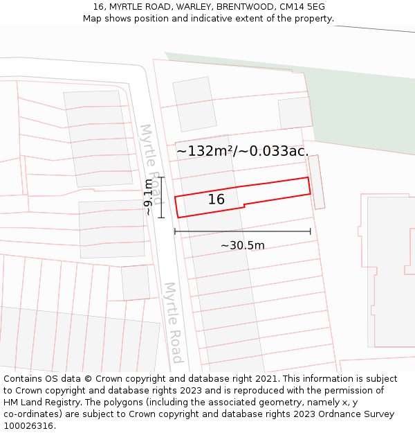 16, MYRTLE ROAD, WARLEY, BRENTWOOD, CM14 5EG: Plot and title map