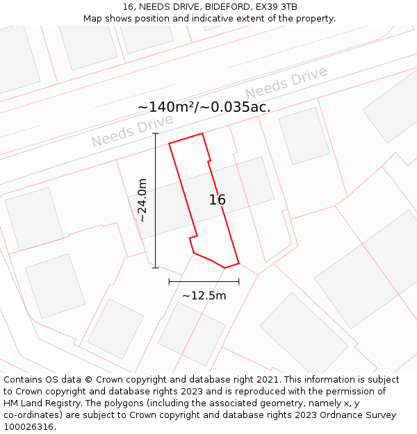 16, NEEDS DRIVE, BIDEFORD, EX39 3TB: Plot and title map