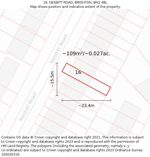 16, NESBITT ROAD, BRIGHTON, BN2 4BL: Plot and title map