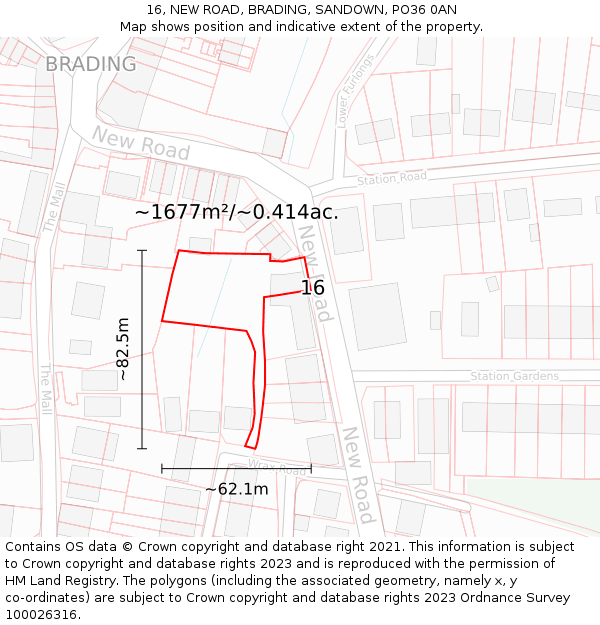 16, NEW ROAD, BRADING, SANDOWN, PO36 0AN: Plot and title map