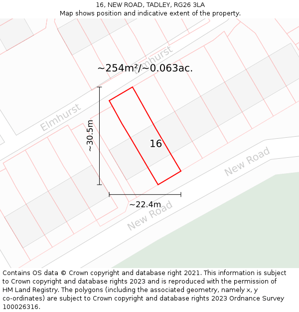 16, NEW ROAD, TADLEY, RG26 3LA: Plot and title map