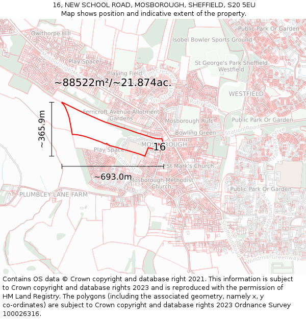 16, NEW SCHOOL ROAD, MOSBOROUGH, SHEFFIELD, S20 5EU: Plot and title map