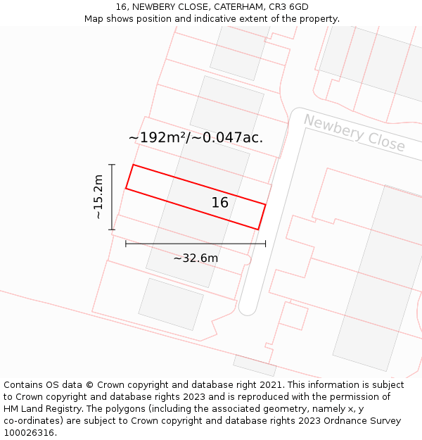 16, NEWBERY CLOSE, CATERHAM, CR3 6GD: Plot and title map