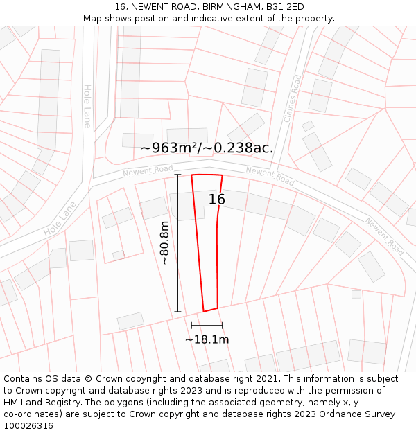 16, NEWENT ROAD, BIRMINGHAM, B31 2ED: Plot and title map