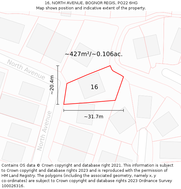 16, NORTH AVENUE, BOGNOR REGIS, PO22 6HG: Plot and title map