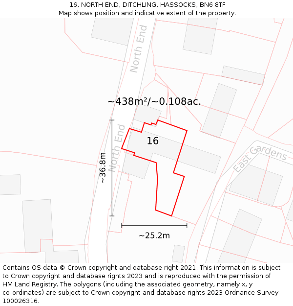 16, NORTH END, DITCHLING, HASSOCKS, BN6 8TF: Plot and title map