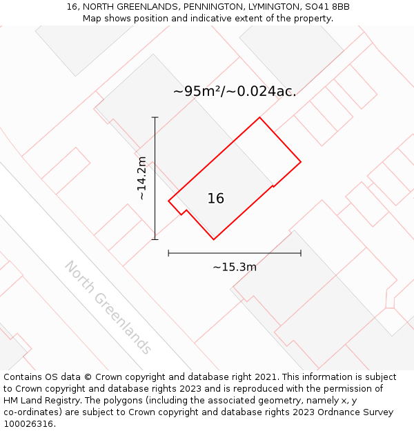 16, NORTH GREENLANDS, PENNINGTON, LYMINGTON, SO41 8BB: Plot and title map