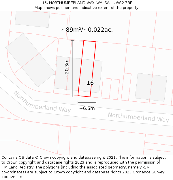 16, NORTHUMBERLAND WAY, WALSALL, WS2 7BF: Plot and title map